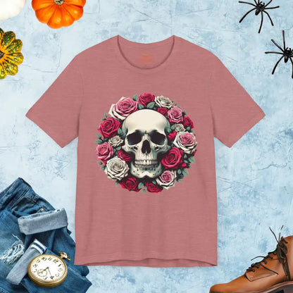 Halloween Unisex Jersey Tee: Skulls & Roses Vibe - Heather Mauve / s T-shirt