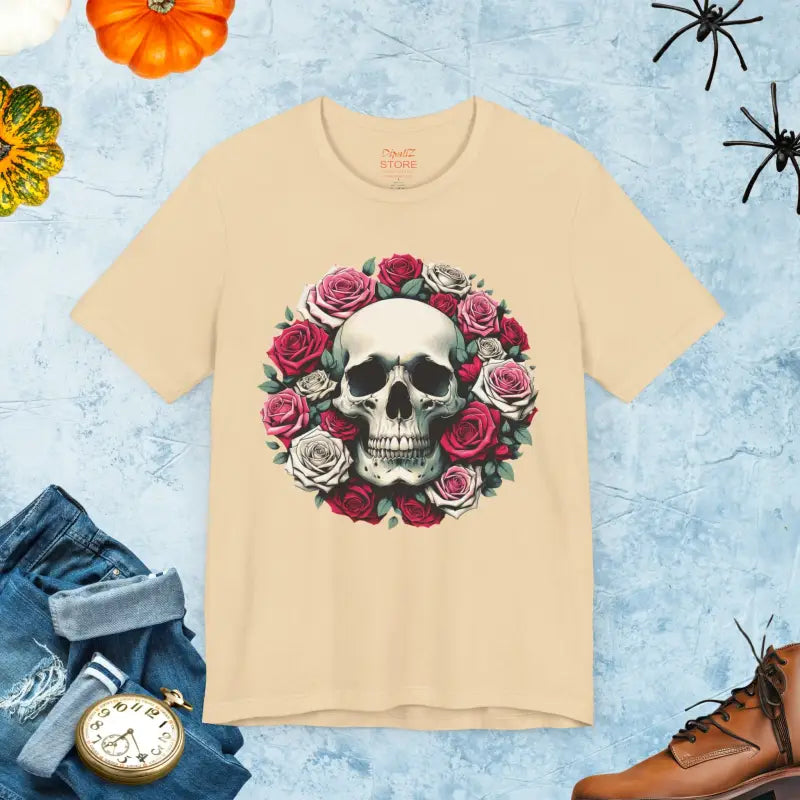 Halloween Unisex Jersey Tee: Skulls & Roses Vibe - Soft Cream / s T-shirt