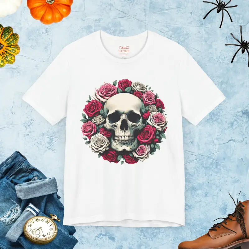 Halloween Unisex Jersey Tee: Skulls & Roses Vibe - White / s T-shirt