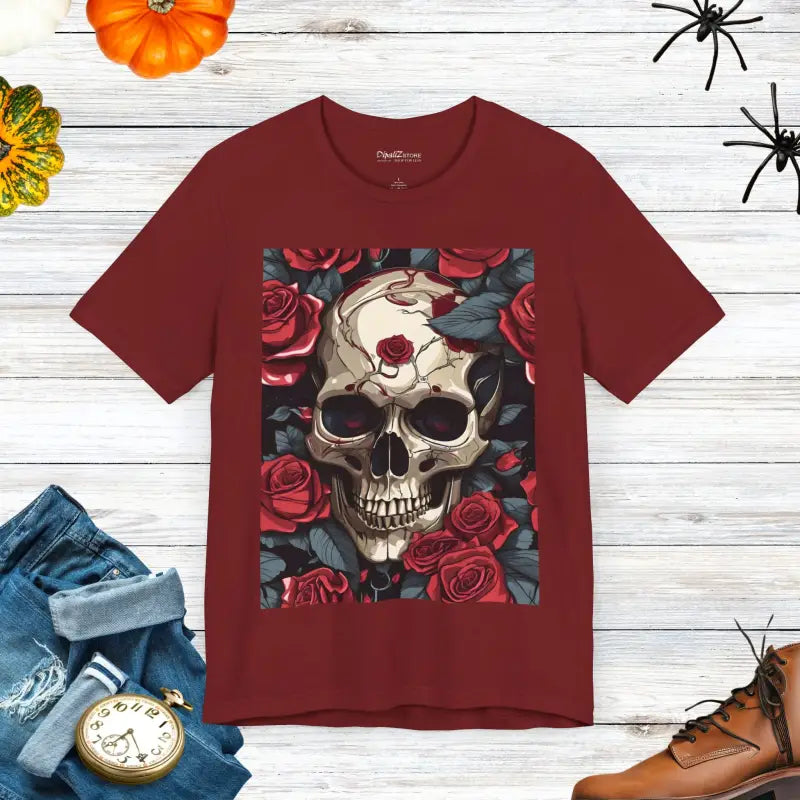 Halloween Vibes with Skulls & Roses Short Sleeve Tee - Cardinal / s T-shirt