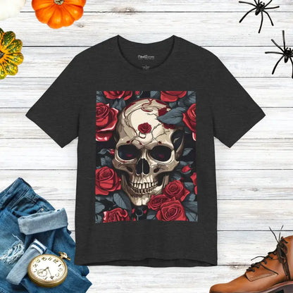 Halloween Vibes with Skulls & Roses Short Sleeve Tee - Dark Grey Heather / s T-shirt