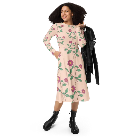 Turn Heads In Our Floral Pink Long Sleeve Midi Dress! - Dresses