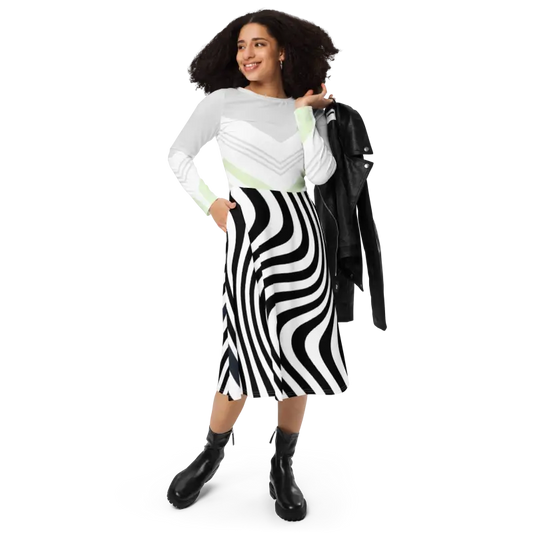 Swirling Black Stripes Slay: Long Sleeve Midi Magic - Dresses