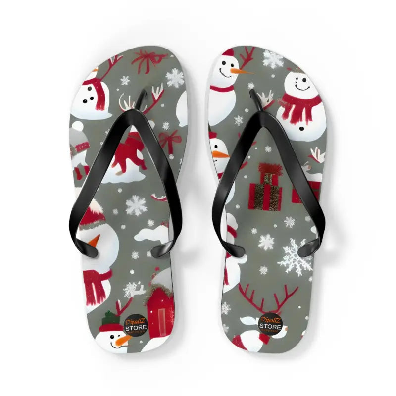 Holiday Cheer with Christmas Snowman Flip Flops! - l / Black Sole Shoes