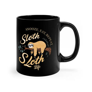 Mug - Slow Mornings Sloth Life - Eat Sleep Repeat Style - Dipaliz 11oz / Black