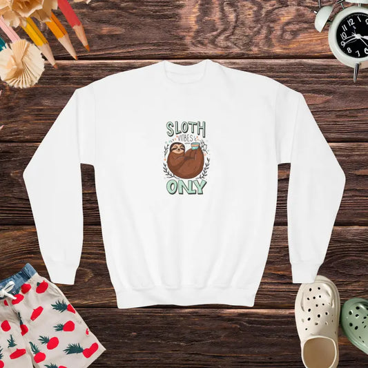 Sloth Vibes Youth Crewneck Sweatshirt - Cozy Comfort for Kids - White / Xs Clothes