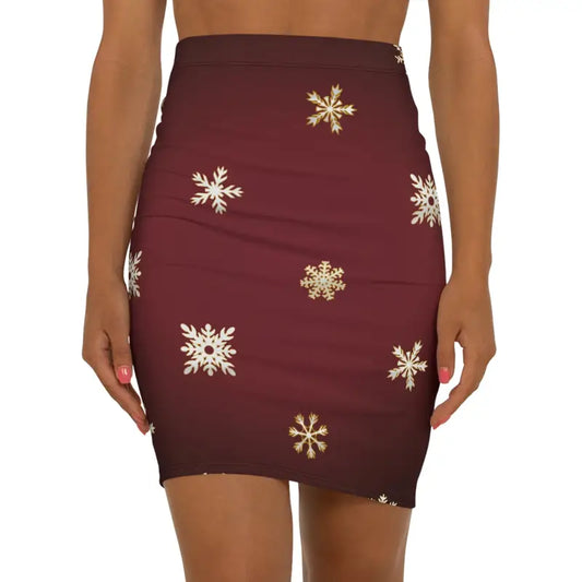 Chic Snowflakes Women’s Mini Skirt - Stretchy Maroon Stunner - Xs / Black Stitching Skirts