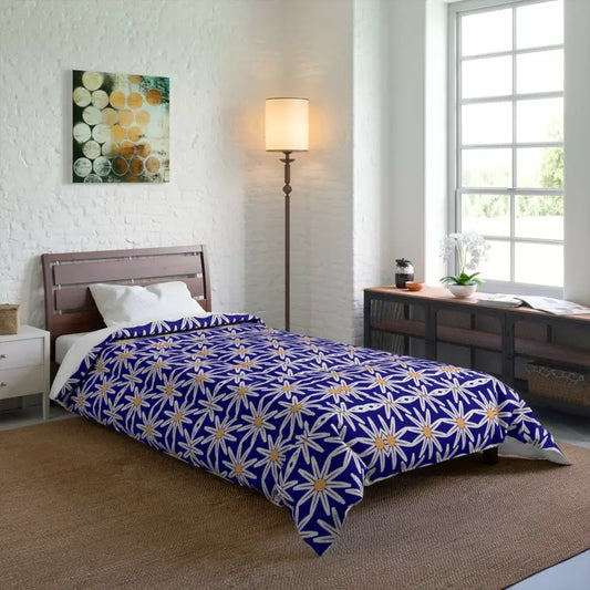 Snuggle Into Elegance with our White Flowers Blue Comforter - 68’’ × 92’’ Home Decor