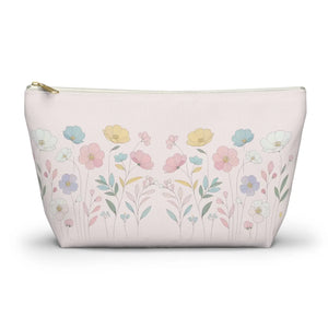 Soft Pink Delicate Flowers Accessory Pouch - Cosmetic Organizer - Dipaliz - Large / White Zipper - Bags