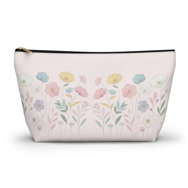 Soft Pink Delicate Flowers: Sophisticated Accessory Pouch - Large / Black Zipper Bags