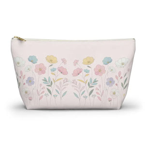 Pink Delicate Flowers Cosmetic Pouch - Soft Organizer - Dipaliz - Large / White Zipper - & Toiletry Bags