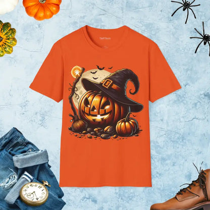 Spooky Jack o Lantern Unisex Softstyle Tee - Orange / s T-shirt