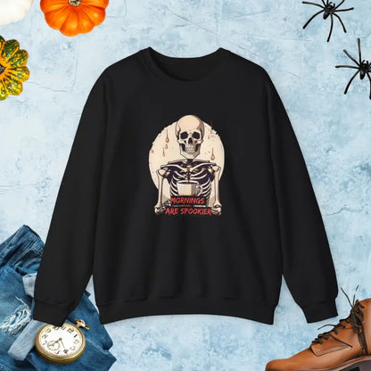 Spooky Morning Vibes with the Skeleton and Coffee Crewneck - Black / s Sweatshirt