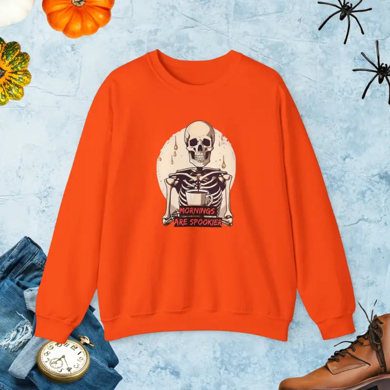 Spooky Morning Vibes with the Skeleton and Coffee Crewneck - Orange / s Sweatshirt