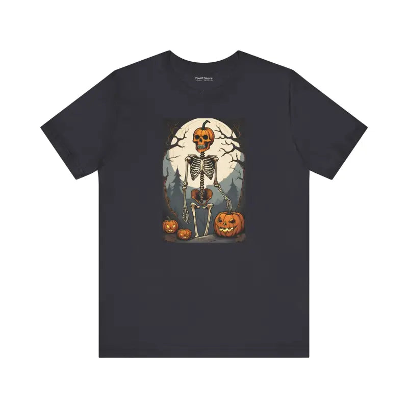 Spooky Fun Unisex Jersey Tee with Playful Skeleton & Jack O’ Lantern - T-shirt