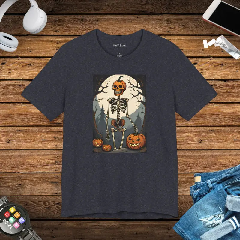 Spooky Fun Unisex Jersey Tee with Playful Skeleton & Jack O’ Lantern - Heather Navy / s T-shirt