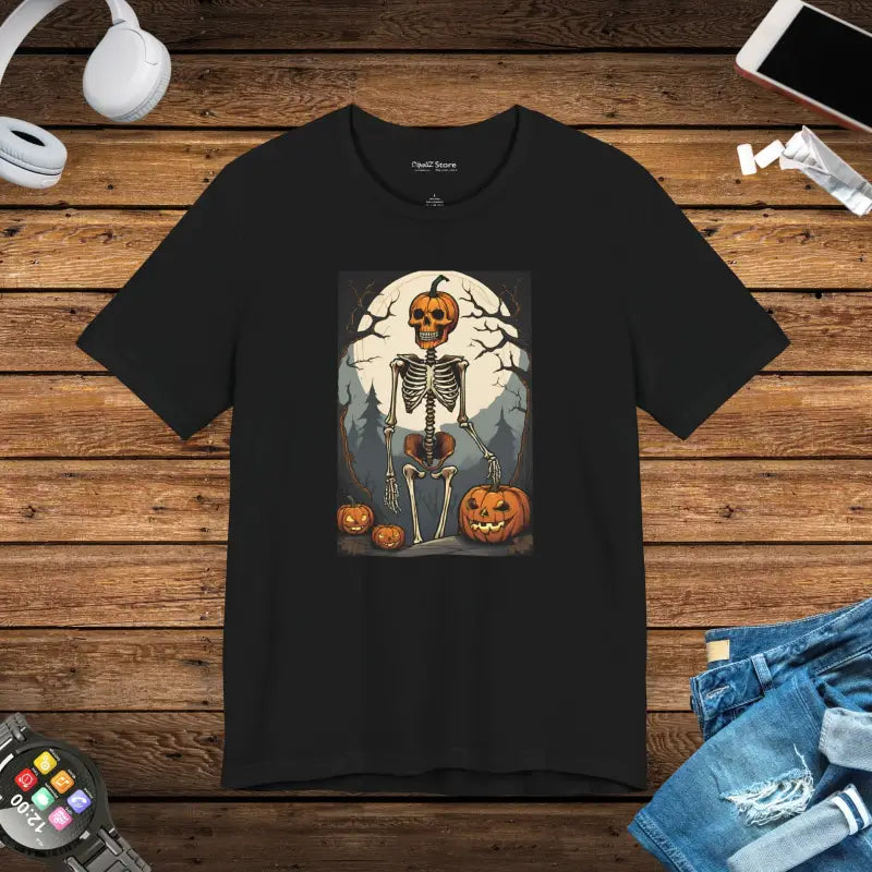 Spooky Fun Unisex Jersey Tee with Playful Skeleton & Jack O’ Lantern - Black / s T-shirt