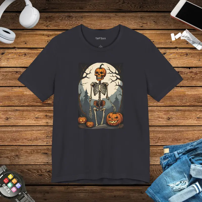 Spooky Fun Unisex Jersey Tee with Playful Skeleton & Jack O’ Lantern - Dark Grey / s T-shirt