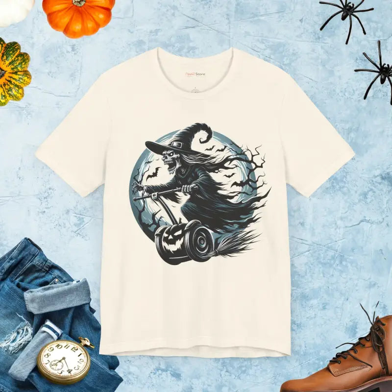 Electrifying Witch Segway Tee: Unisex Halloween Style - Natural / s T-shirt