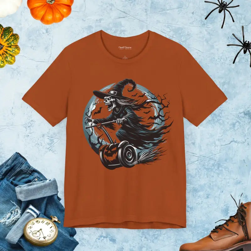 Electrifying Witch Segway Tee: Unisex Halloween Style - T-shirt