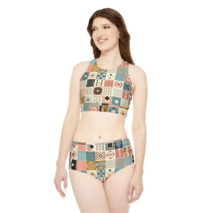 Dive in Style: Sporty Bikini Set with Pastel Geometric Pattern