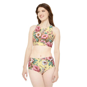 Yellow Sport Bikini Set - Floral Performance Swimwear - Dipaliz