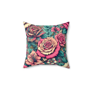 Pink Roses Spun Polyester Square Pillow - Vibrant Decor - Dipaliz - 14’’ × - Throw Pillows