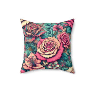 Pink Roses Spun Polyester Square Pillow - Vibrant Decor - Dipaliz - 16’’ × - Throw Pillows
