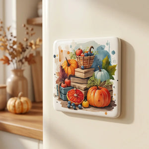 Square lifestyle mockup of the autumn porcelain magnet in a cozy kitchen