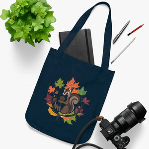 Autumn squirrel organic cotton canvas tote by DipaliZ with falling leaves