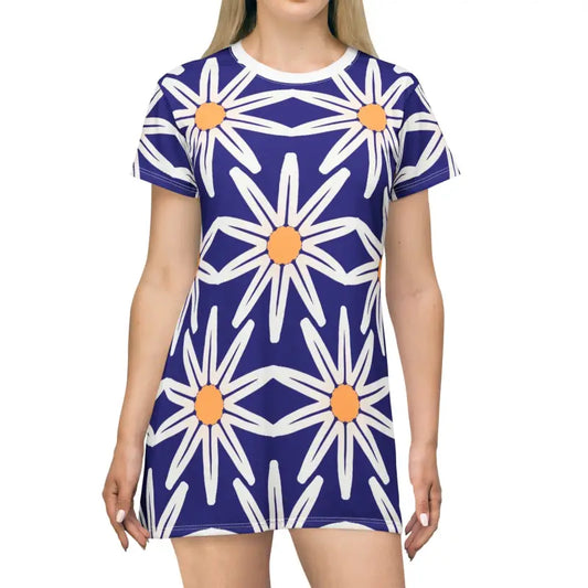 Blossom Bright in a White Flower T-shirt Dress - Xs All Over Prints