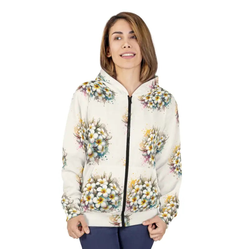 Unisex Frangipani Flower Zip Hoodie for Cozy Comfort - All Over Prints