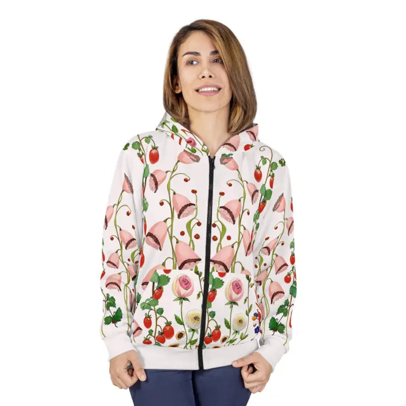 Cozy Floral Pattern Zip Hoodie Perfect for Chilly Days - All Over Prints