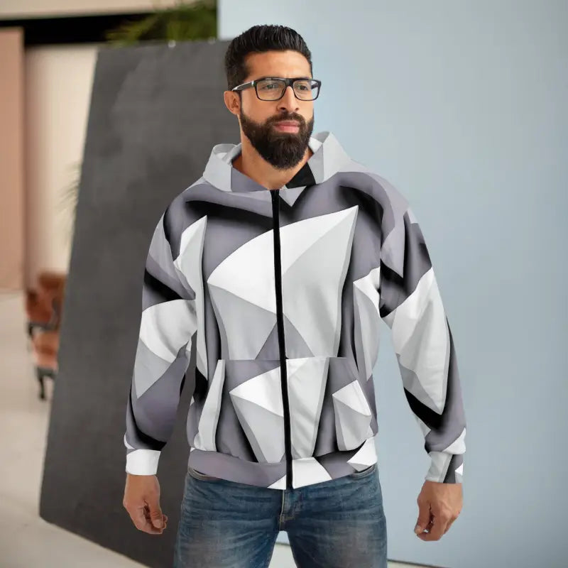 Cozy Zip Hoodie with White Abstract Triangular Pattern - All Over Prints