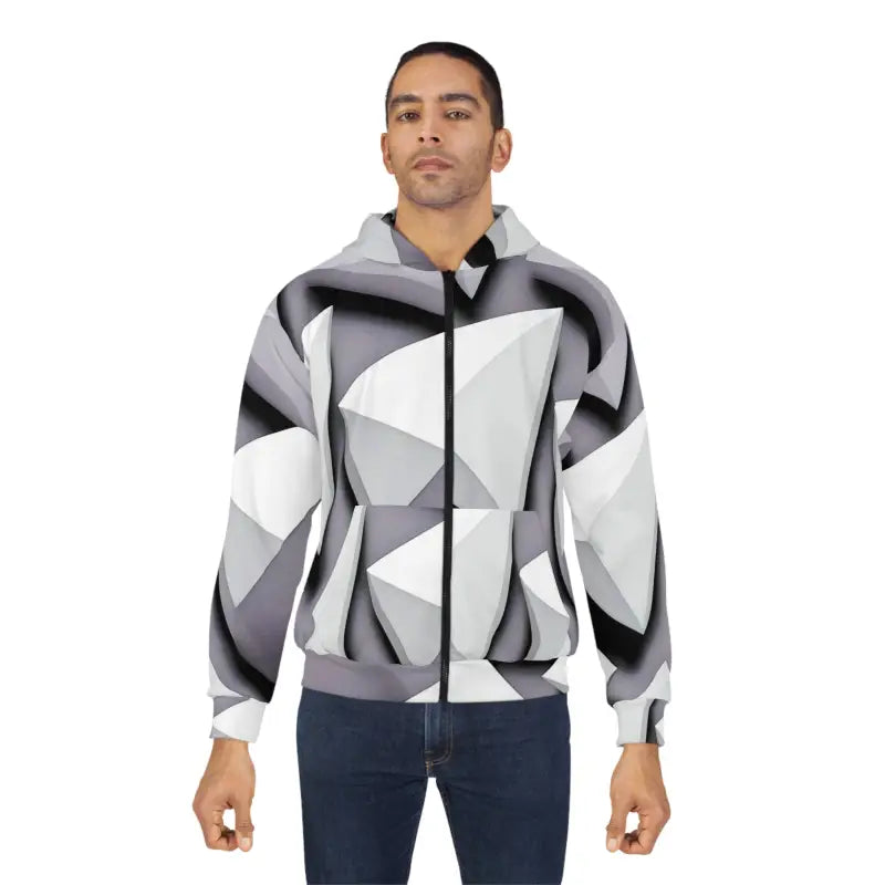 Cozy Zip Hoodie with White Abstract Triangular Pattern - All Over Prints