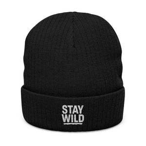 Hats - Stay Wild Ribbed Knit Beanie - Embroidered Cuff - Dipaliz one Size / Black