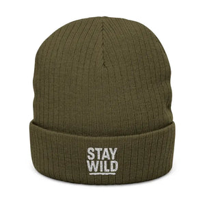 Hats - Stay Wild Ribbed Knit Beanie - Embroidered Cuff - Dipaliz one Size / Olive