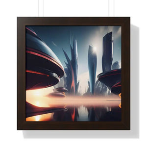 Framed Vertical Poster Futuristic City Art Modern Wall Decor Dipaliz - 16″ x / Walnut - Posters Prints & Visual Artwork