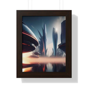 Framed Vertical Poster Futuristic City Art Modern Wall Decor Dipaliz - 11’’ x 14’’ / Walnut - Posters Prints & Visual