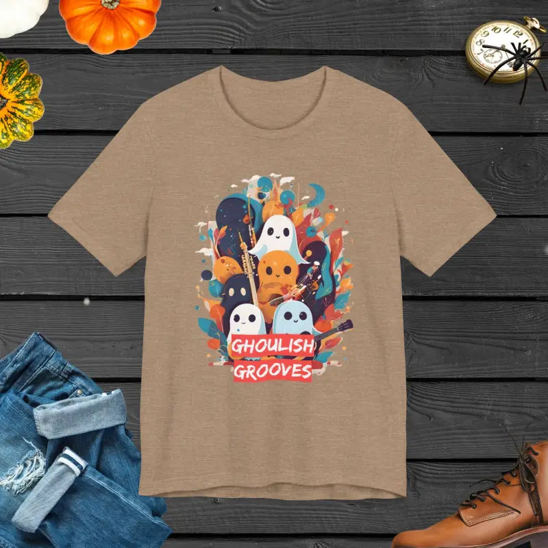 Ghoulish Grooves Tee: Embrace the Ultimate Halloween Vibes - Heather Tan / Xs T-shirt