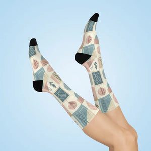Cushioned Crew Socks - Pastel Geometric Pattern Comfort - Dipaliz - White / one Size / 3/4