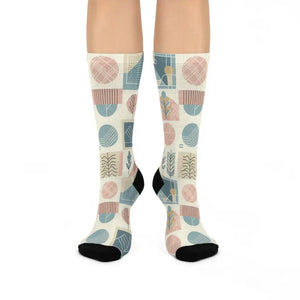 Pastel Geometric Pattern Cushioned Crew Socks - Dipaliz - White / one Size / 3/4
