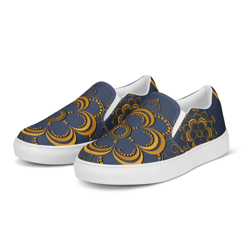 Step Up in Style: Navy Blue Mandala Canvas Shoes