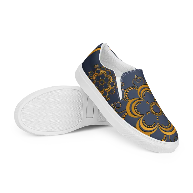 Step Up in Style: Navy Blue Mandala Canvas Shoes