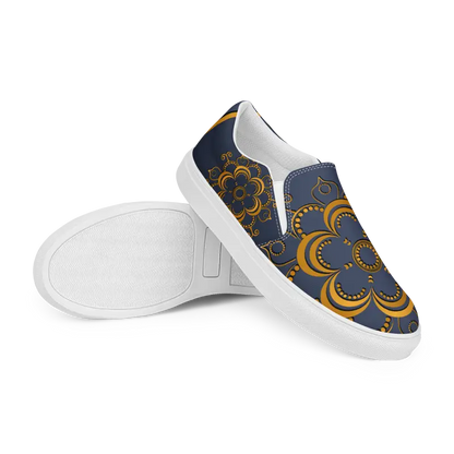 Step Up in Style: Navy Blue Mandala Canvas Shoes