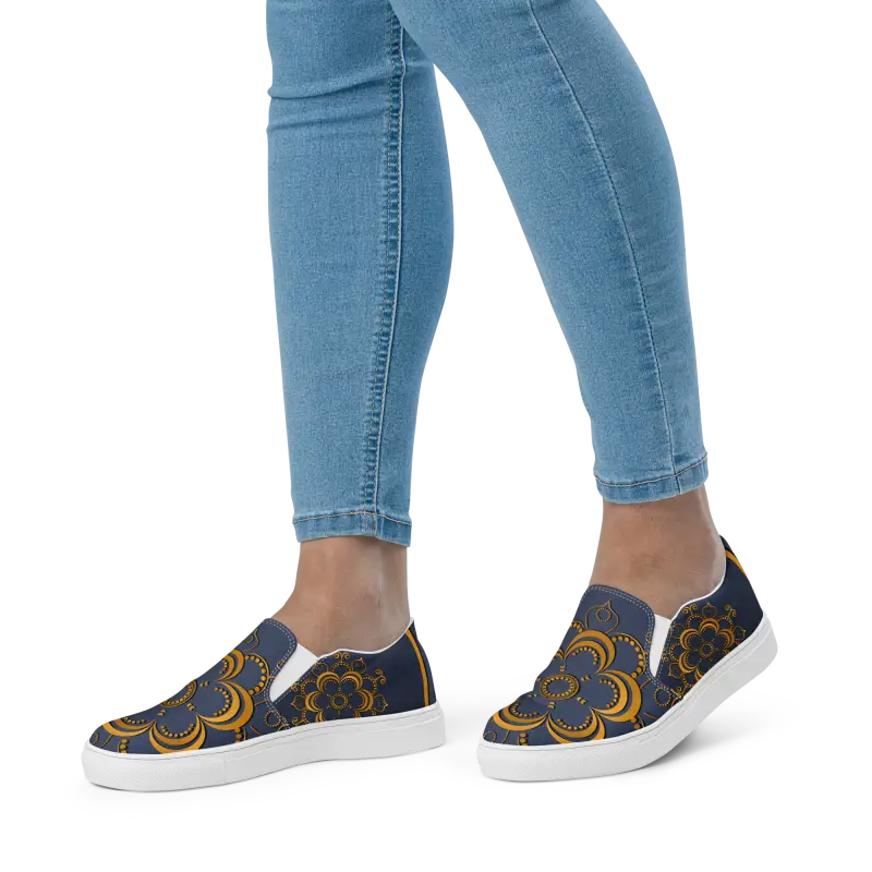 Step Up in Style: Navy Blue Mandala Canvas Shoes