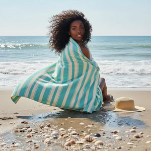 Aqua Beach Towel – Striped Cotton Summer Wrap - Dipaliz - Beach Towels