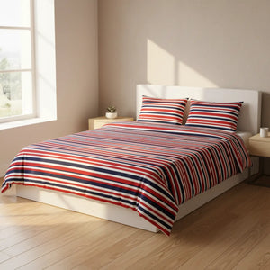 Striped Cotton Bed Set, Red White & Navy Breton Duvet Cover with Pillowcases - Bedding Sets
