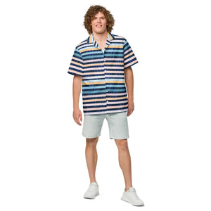 DipaliZ stripes on blue unisex button shirt, recycled fabric