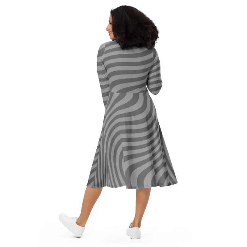 Captivate in Style: Wavy Grey Stripes Long Sleeve Midi Dress - Dresses